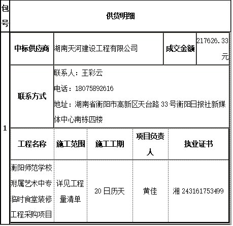 衡阳师范杏盛附属艺术中专临时食堂装修工程采购项目 中标（成交）公告